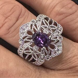 Vintage-Style Swarovski Amethyst Crystal Art Deco Silver Overlay Ring (6)